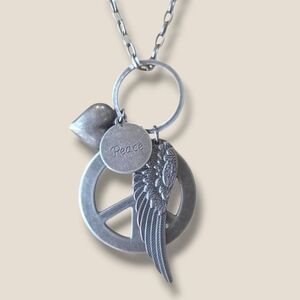 Silver Peace Symbol Necklace with Wing, Heart & 'Peace' Charms